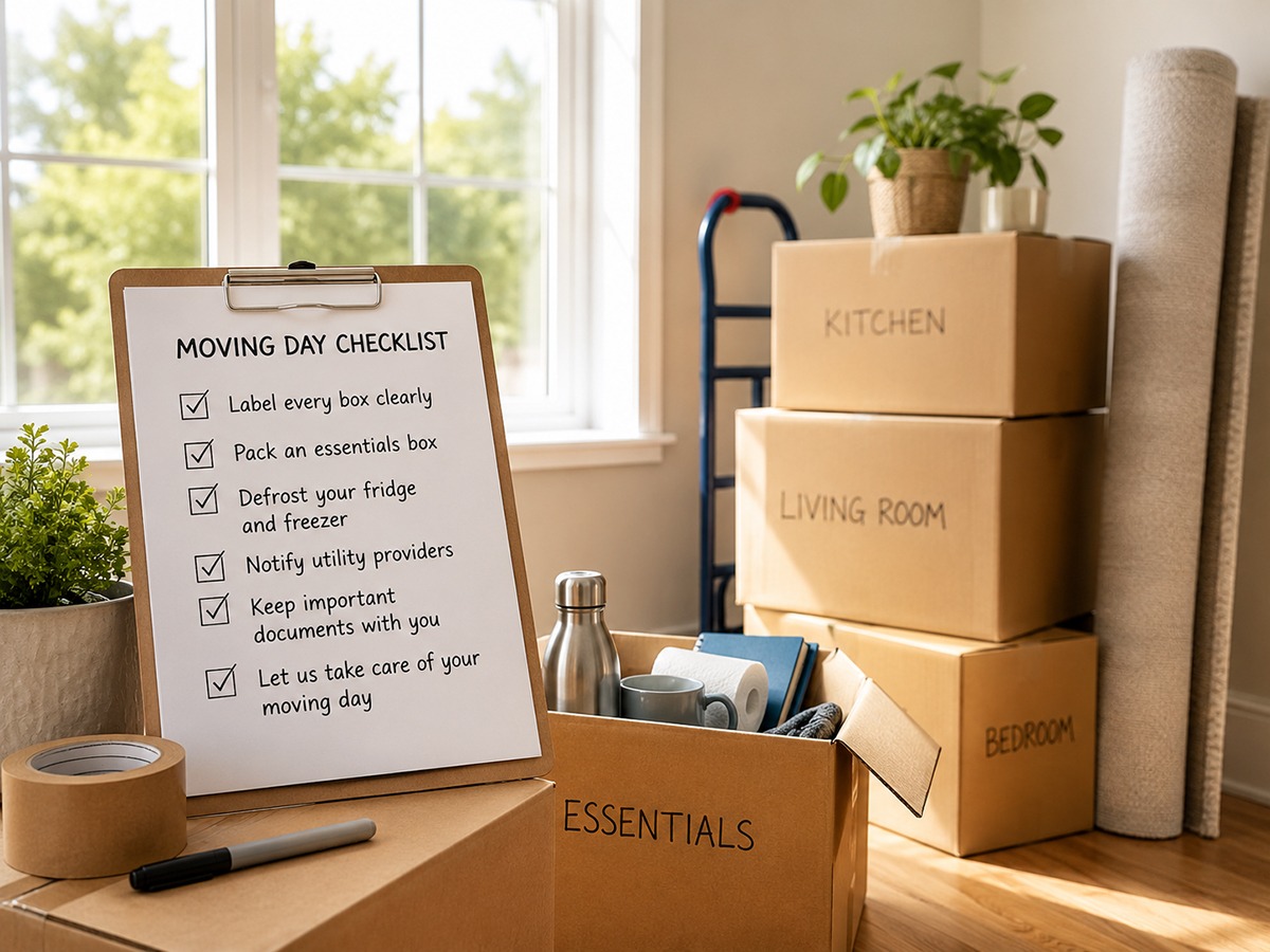 Moving day checklist with labelled packing boxes for house removals in Bradley Stoke