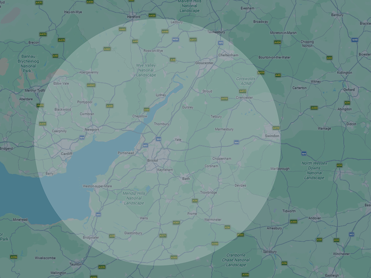 Map showing the areas covered by Pack & Go Removals Bristol Ltd., providing house removals across Bristol, Bath and surrounding areas.