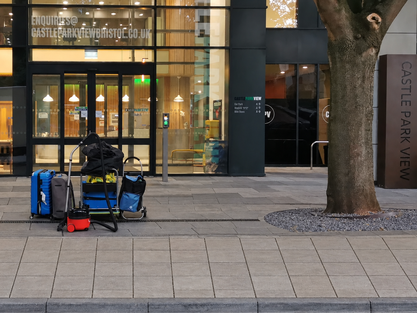 Student removals in Bristol city centre – luggage outside Castle Park View student accommodation